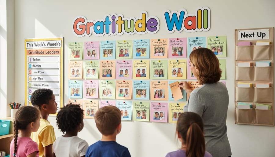Colorful classroom gratitude display with blank photo frames and pinned appreciation cards