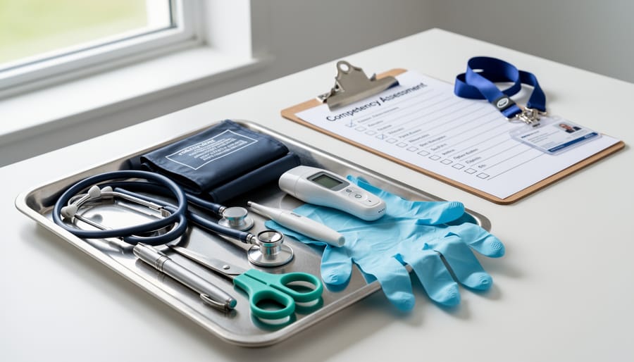 Close-up of stethoscope and clinical supplies on a clipboard in a healthcare training setting.