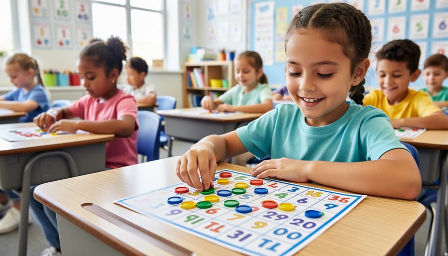 Kindergarten students marking bingo cards with counters during a color and number game.