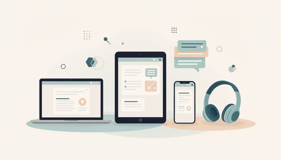 Smartphone, laptop, and tablet arranged on a desk representing online tutoring flexibility