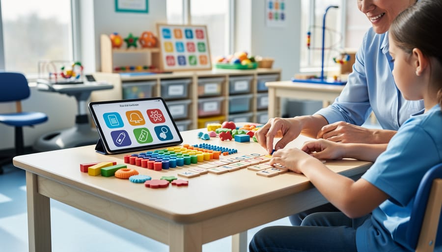A special education tutor and student work together at a table with multi-sensory learning materials and assistive technology in a classroom.
