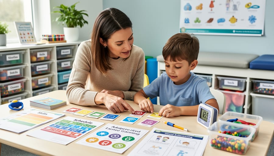 Tutor and student working together at a special education therapy table with adaptive learning materials