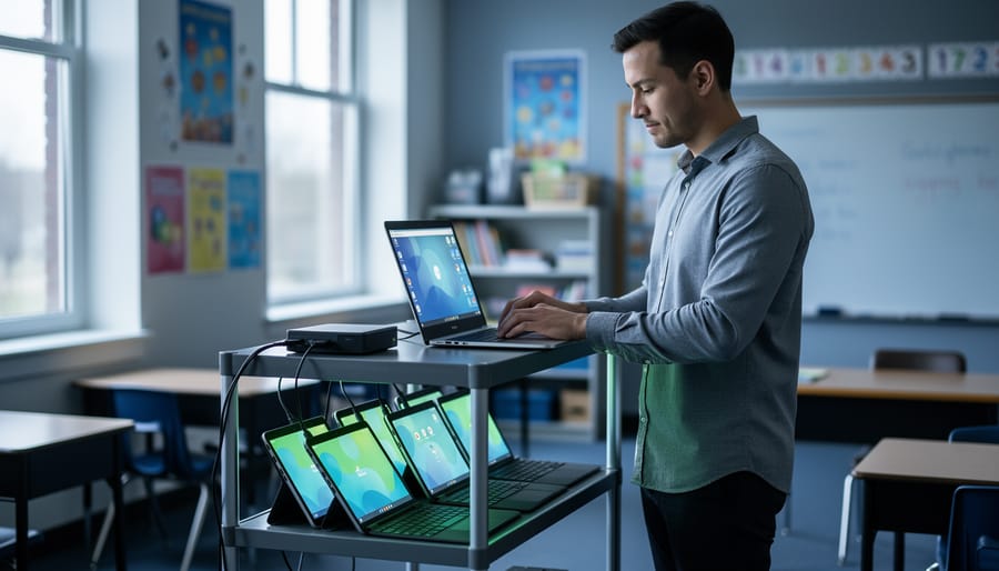 School IT administrator using a laptop to centrally manage Chromebooks and tablets in a classroom setting.