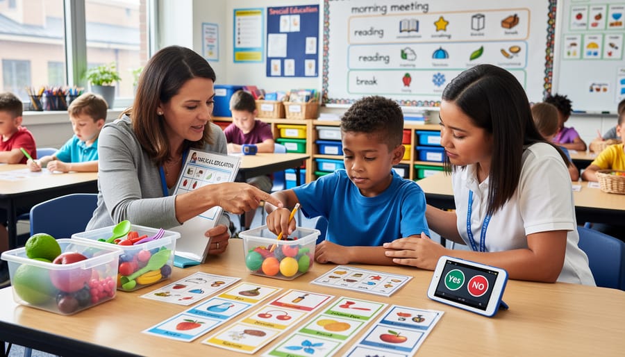 Tutor and student engaging in a hands-on learning activity with manipulatives at a low table
