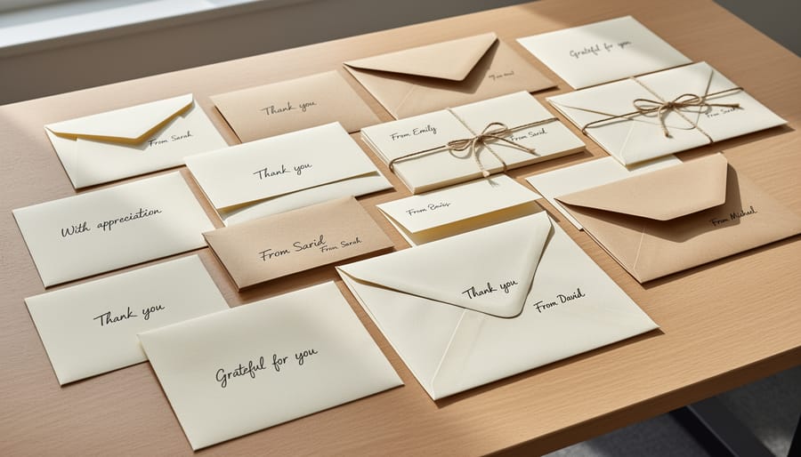 Close-up of sealed handwritten appreciation letters laid out for a principal tribute
