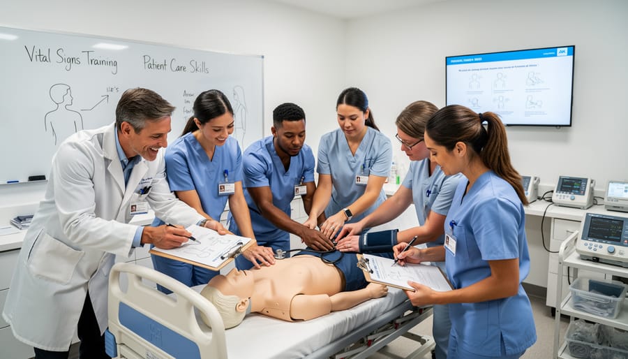 Healthcare instructor guiding students in a training room with medical supplies in the background.