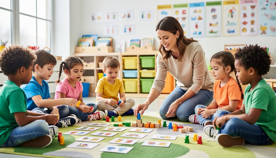 Kindergarten teacher and diverse students playing an educational game on the classroom rug with counting bears and blocks in a bright classroom