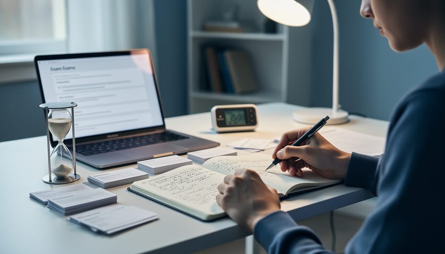 Student studying at a desk with open notebook, flashcards, and a timer to represent metacognitive practice for exam preparation