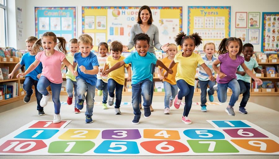 Kindergarten students hopping along a taped number line on the classroom floor.