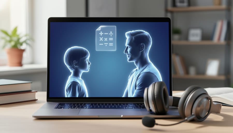 A child and an online tutor connected via a laptop video call during a math tutoring session, with a digital math worksheet icon represented without text.