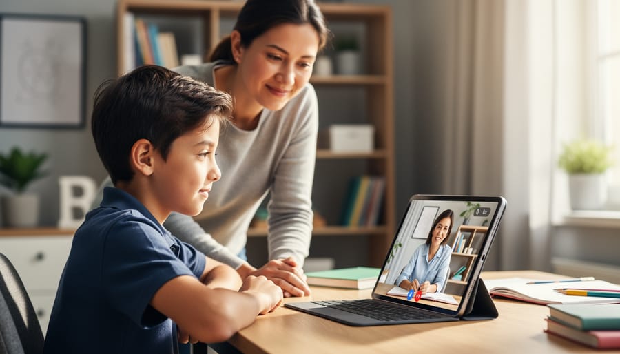 A child studying math with a parent nearby while using a tablet for a live online tutoring session.