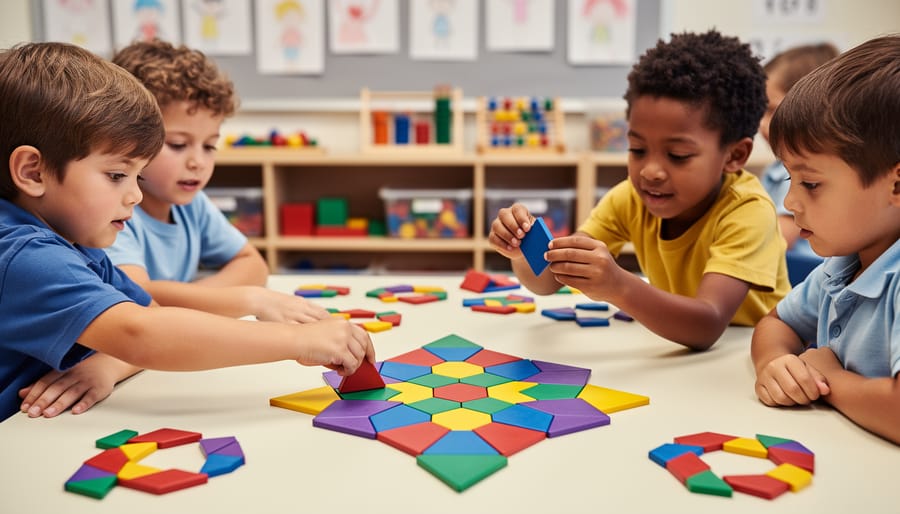 Close-up of kindergarten students’ hands arranging pattern blocks on a table.