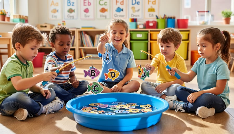 Kindergarten student fishing magnetic phonics pieces out of a shallow classroom pond tray.