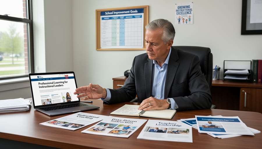 A principal at a school library desk with an open laptop and notebook ready for a professional development choice