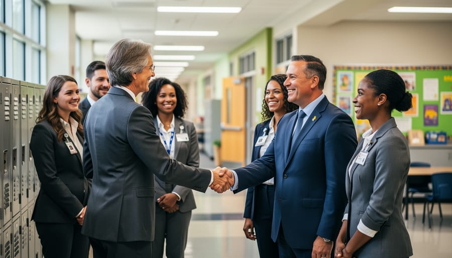 A school principal shares a friendly handshake with teachers in a bright hallway, symbolizing appreciation and strong school culture.