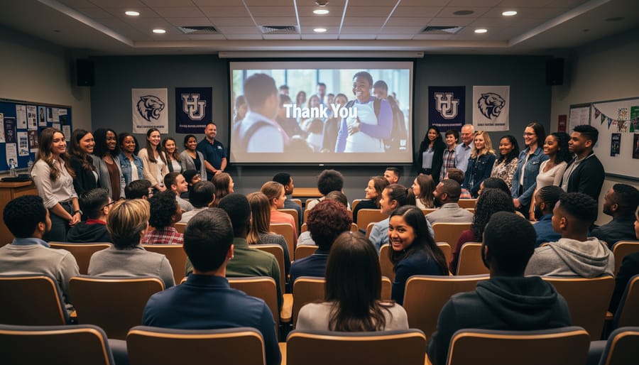 Students and staff watching a principal tribute video on a TV screen together in a school conference room