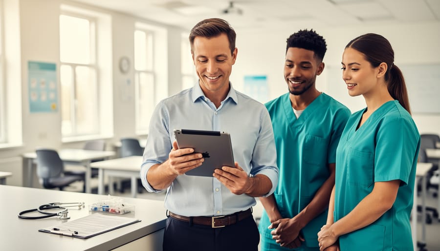 Instructor and diverse students in scrubs reviewing training materials in a healthcare classroom with medical tools on a counter