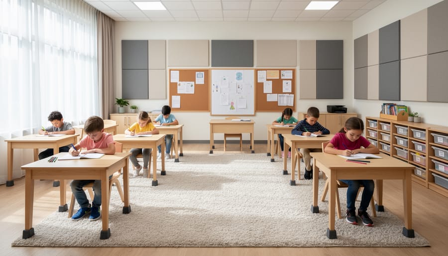 Teacher and students in a well-organized classroom with a quiet reading corner and soft materials to reduce noise.