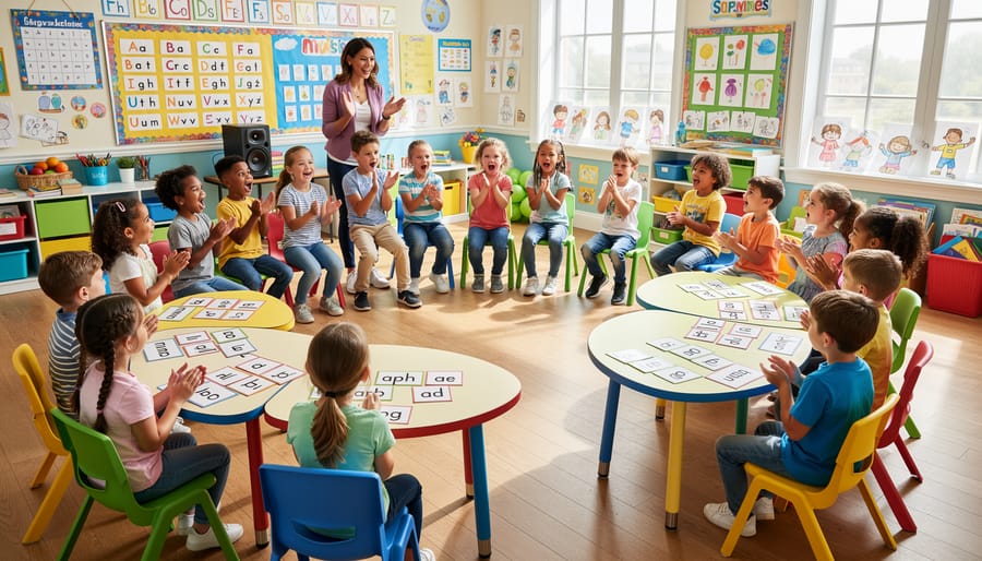 Kindergarten students playing a rhyming musical-chairs game with chairs in a classroom circle.