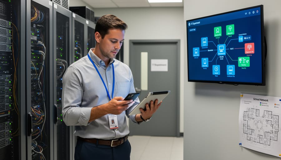 School IT administrator holding a tablet near networking racks in a server room