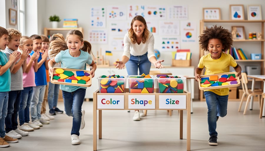 Kindergarten children participating in a shape sorting relay by placing shapes into bins.