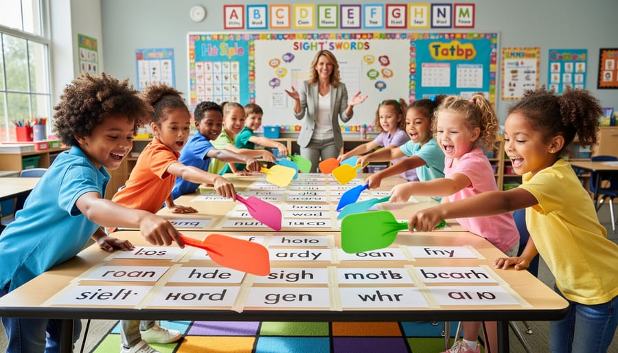 Kindergarten students swatting sight words with fly swatters during a classroom literacy game.