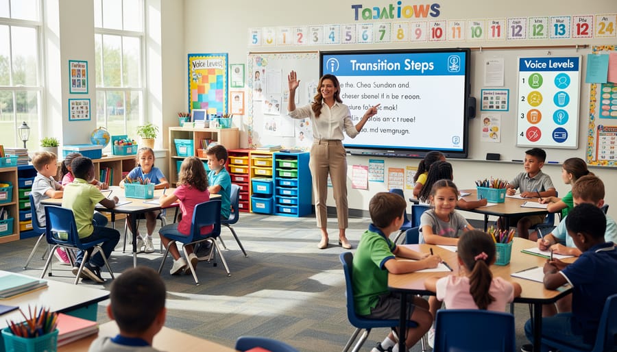 Students transitioning to group work in an organized classroom while the teacher monitors calmly.
