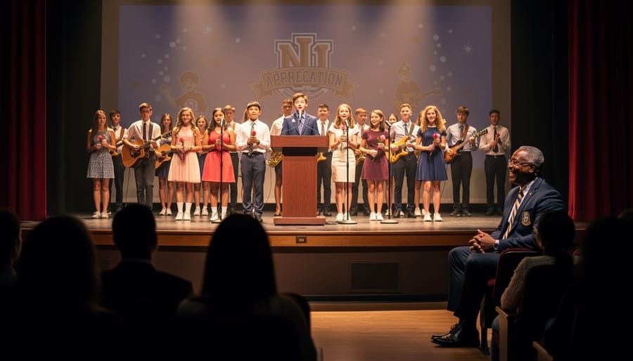 Students performing on a school auditorium stage with the principal seated in the front row