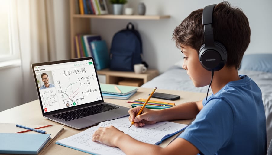 Student using a laptop for an online math tutoring session while writing in a notebook