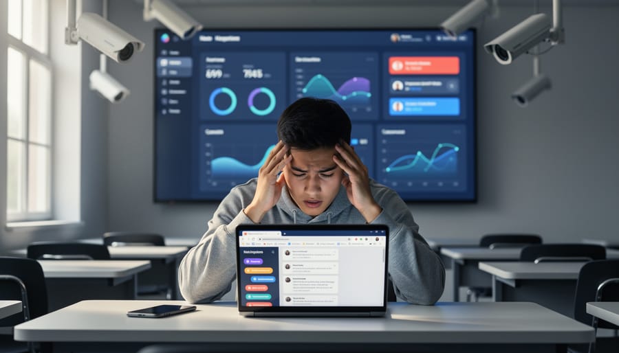 Student appearing stressed at a desk with an open notebook and dim room lighting