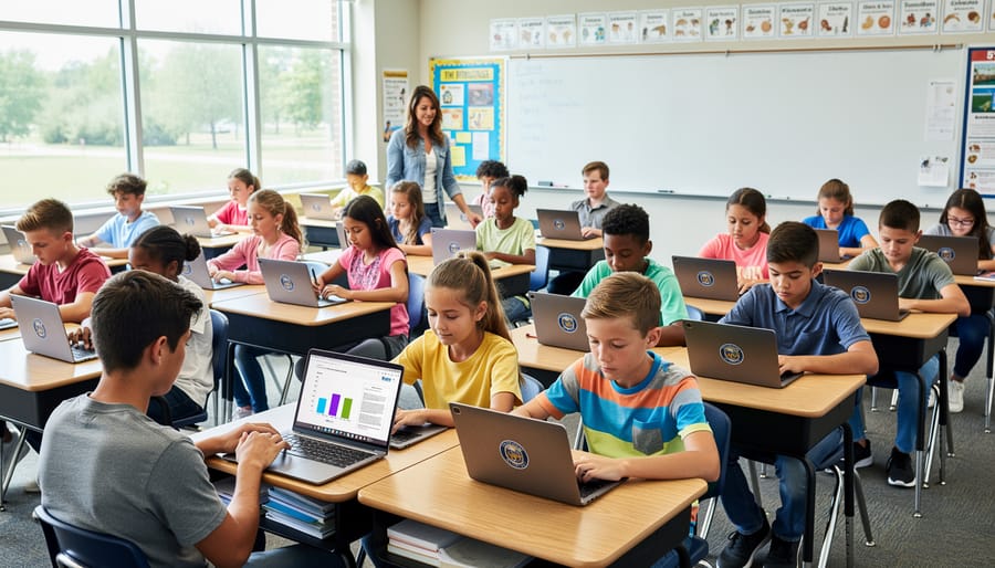 Students using Chromebooks at desks in a classroom during school hours