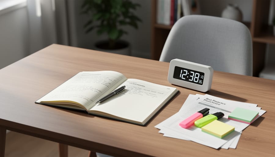 Open study journal next to a stopwatch and practice exam materials on a desk