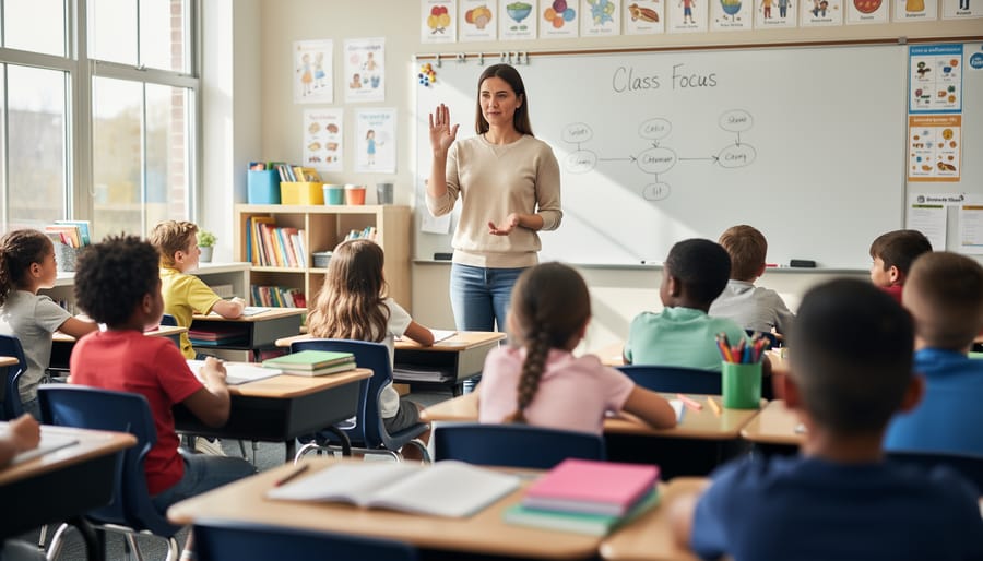 Teacher using a hand signal to get students’ attention while students look forward attentively.