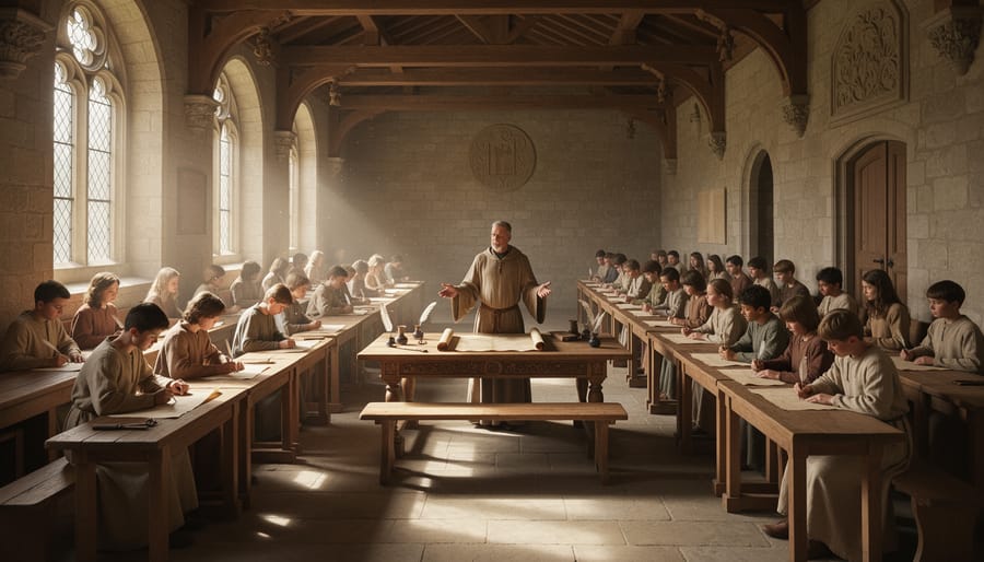 Teacher and students gathered in a stone hall with tall arched windows