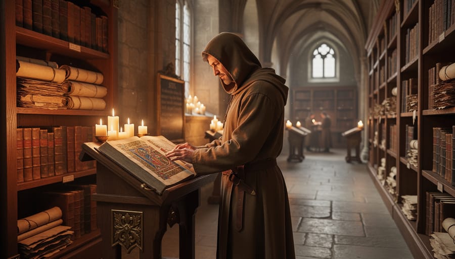Candlelit medieval scholar studying an illuminated manuscript in a stone library resembling Charlemagne’s palace school, with warm gold lighting and historical learning atmosphere.