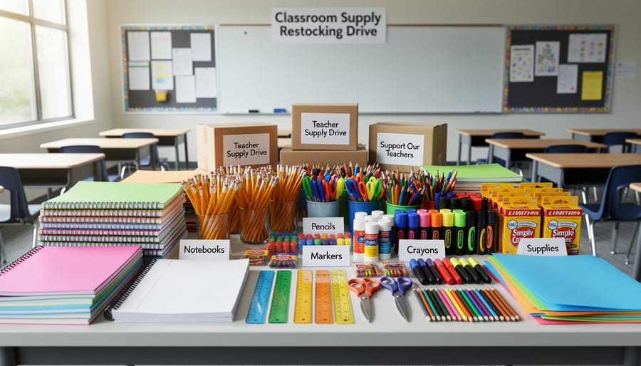 Stack of classroom supplies ready for a PTA classroom restocking drive