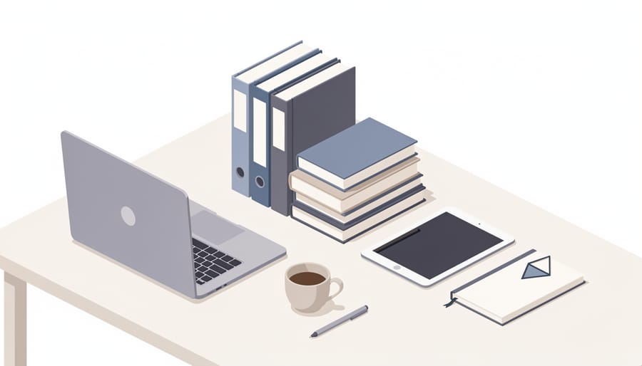 Close-up of continuing education certificates and a planner on a desk beside a laptop.