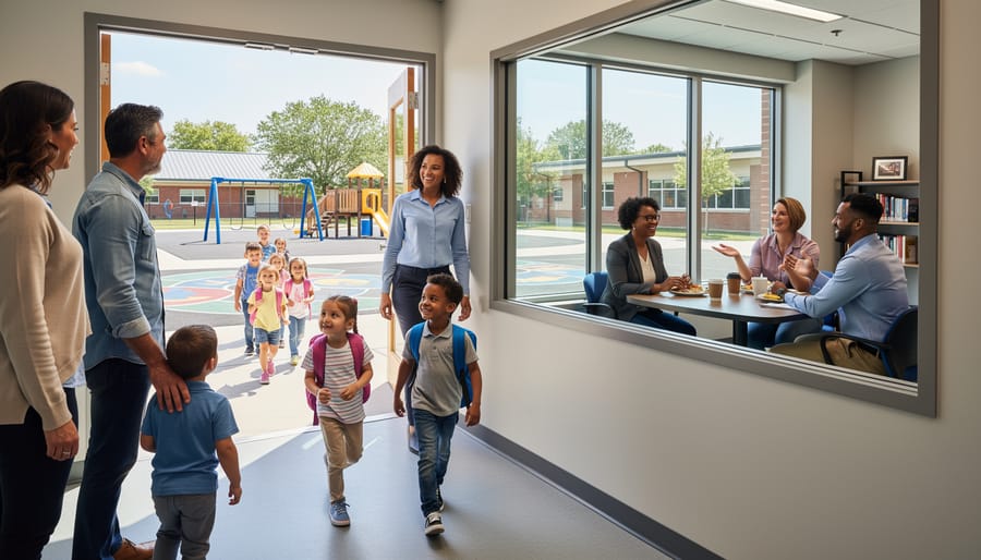Parent volunteers supervising hallway duty while a teacher takes a break