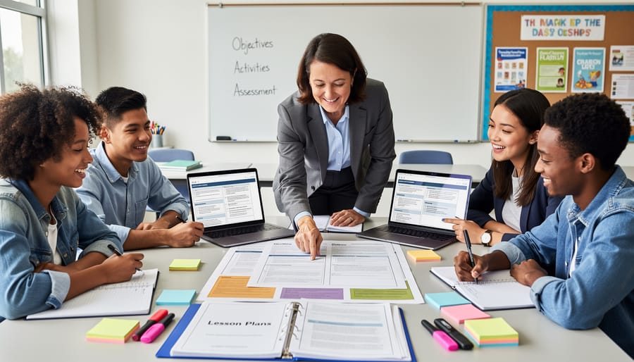 A group of educators and student teachers meeting around a classroom table with lesson plans and notebooks.