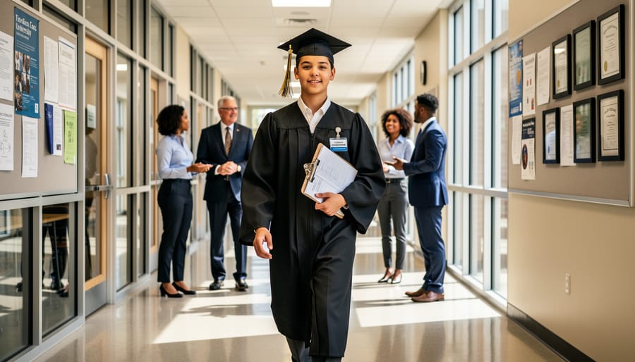 Graduate in academic regalia walking through a university hallway near an open door.