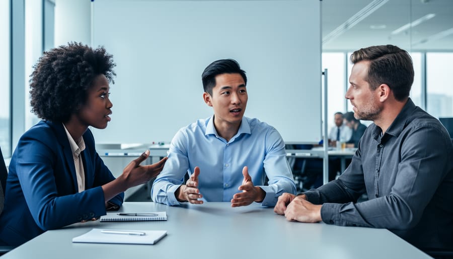 Three people working together at a conference table, gesturing and communicating in a collaborative meeting setting.