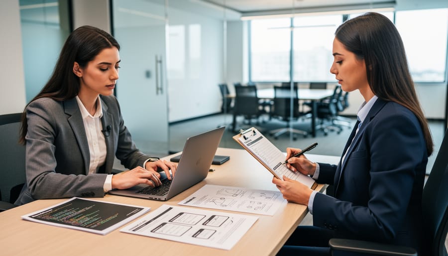 Recruiter and candidate performing a hands-on skills assessment with practical task materials on a desk.