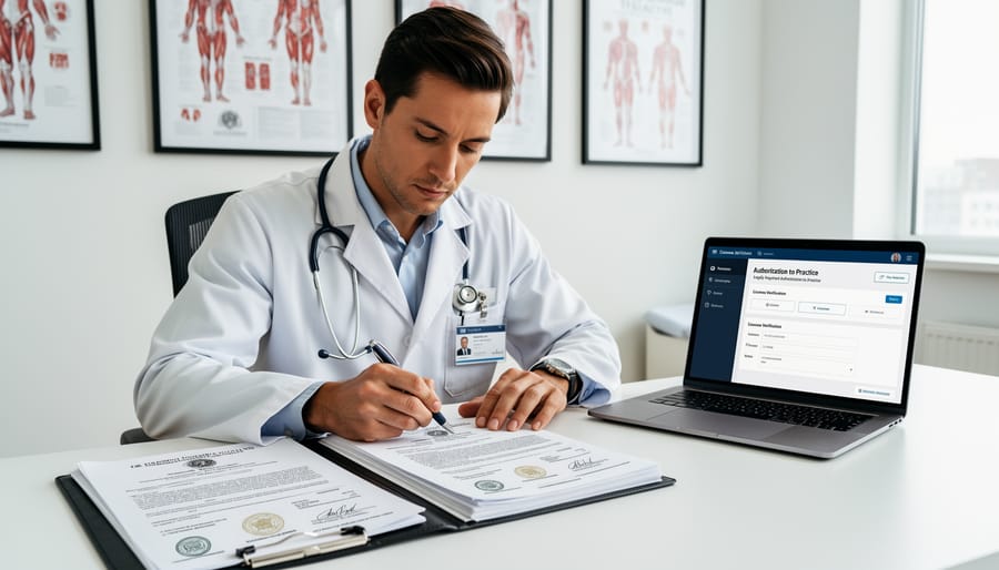 Healthcare professional holding an ID badge and medical documents in a hospital corridor.