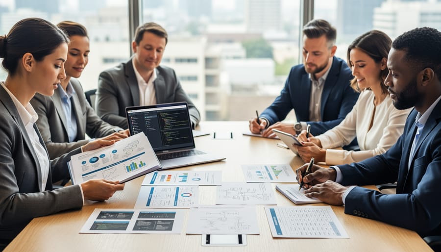 Diverse job applicants reviewing portfolio materials and pointing to skills evidence on a table with a laptop in the background.