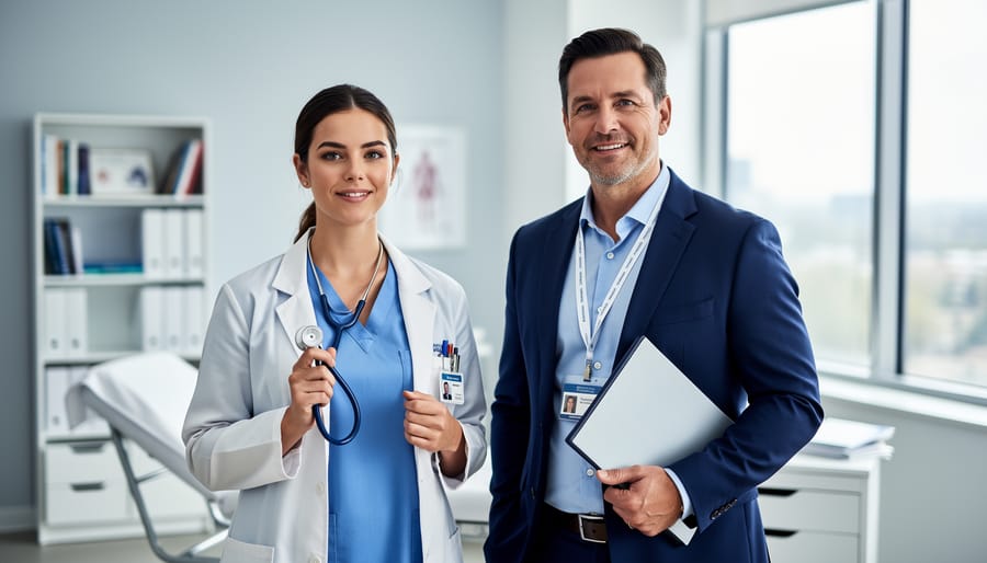 Healthcare professionals in a clinic reviewing credential materials, with a stethoscope and certificate folder visible (no readable text).