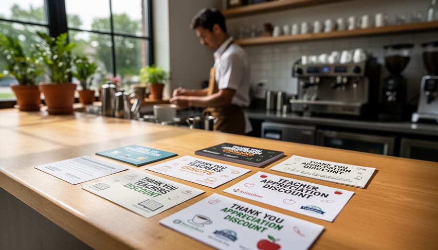 Blank-looking discount cards and café items representing teacher discount partnerships