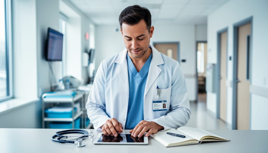 A medical clinician studying on a tablet in a clinic with a stethoscope and open notebook nearby, symbolizing ongoing learning and career growth.