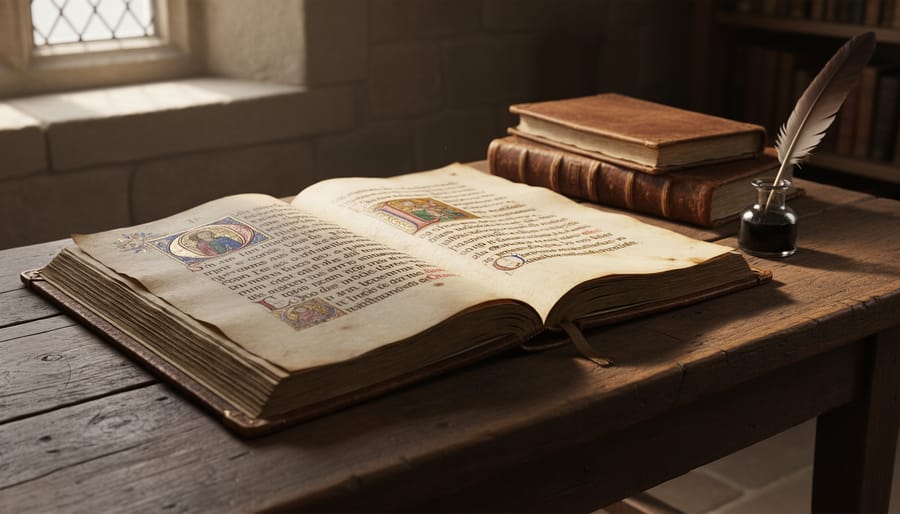 Open medieval manuscript on a wooden lectern with illuminated letters visible