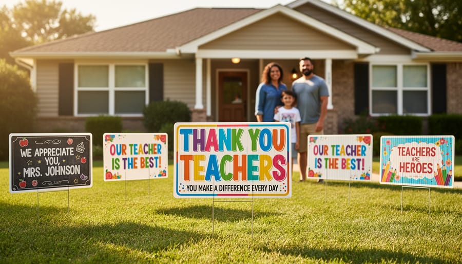 A decorative yard sign in a teacher’s front yard to show appreciation