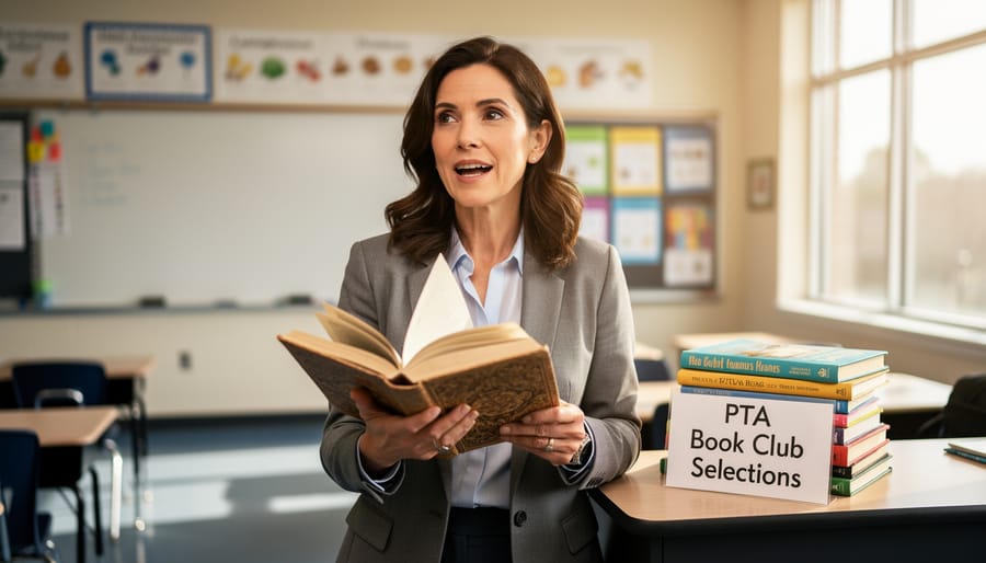 Teacher holding an open hardcover book beside a stack of books